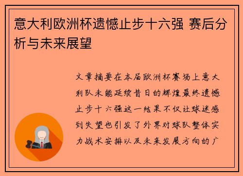 意大利欧洲杯遗憾止步十六强 赛后分析与未来展望